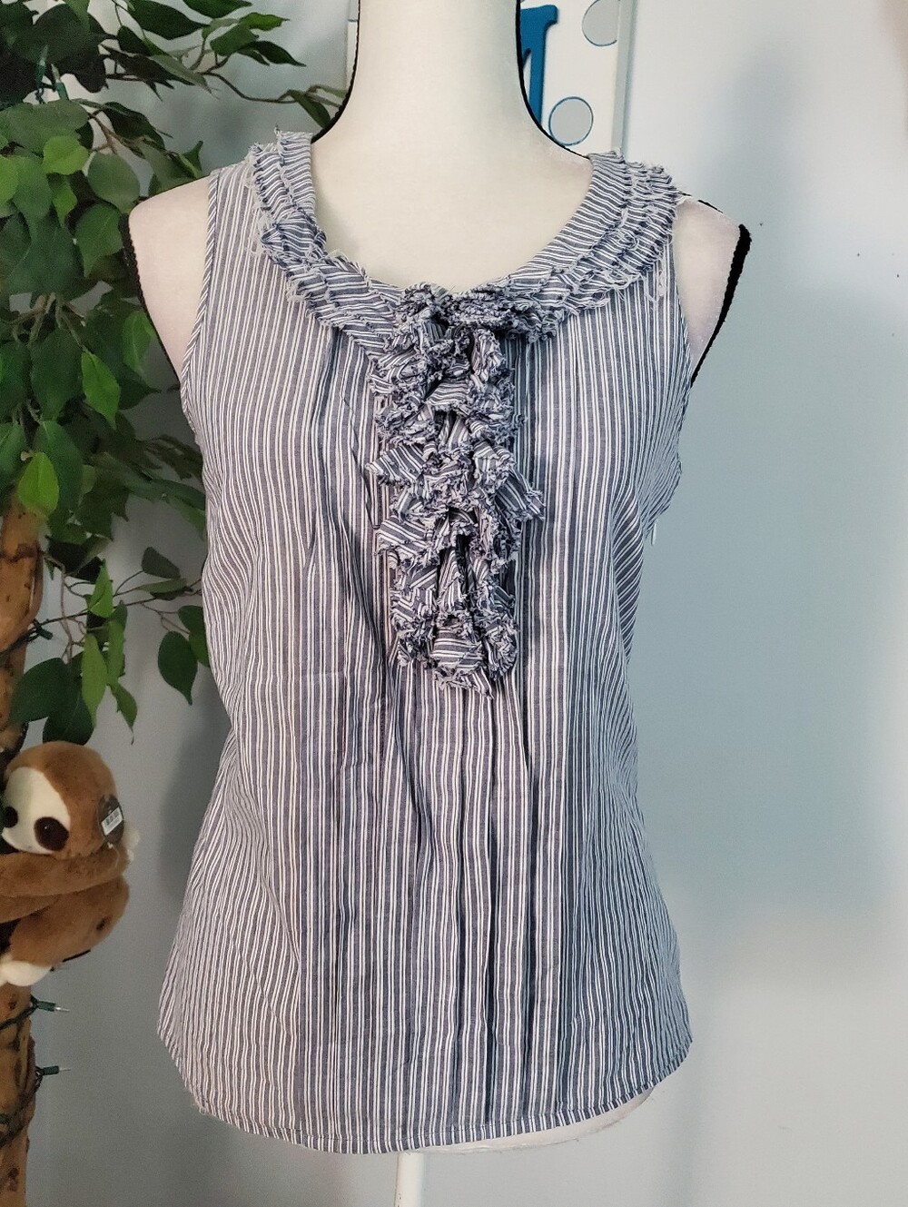 J. CREW Striped Poplin Chambray Ruffle Shabby Chic Coastal 2